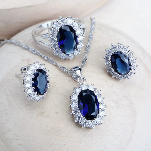 Silver 925 Women Bridal Jewelry Sets - Blue Zirconia Costume Fine Jewelry