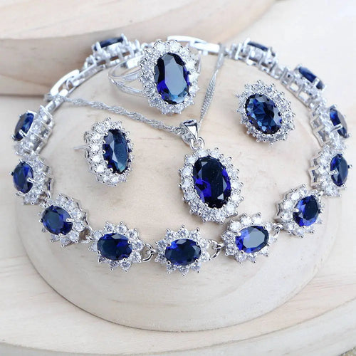 Silver 925 Women Bridal Jewelry Sets - Blue Zirconia Costume Fine Jewelry