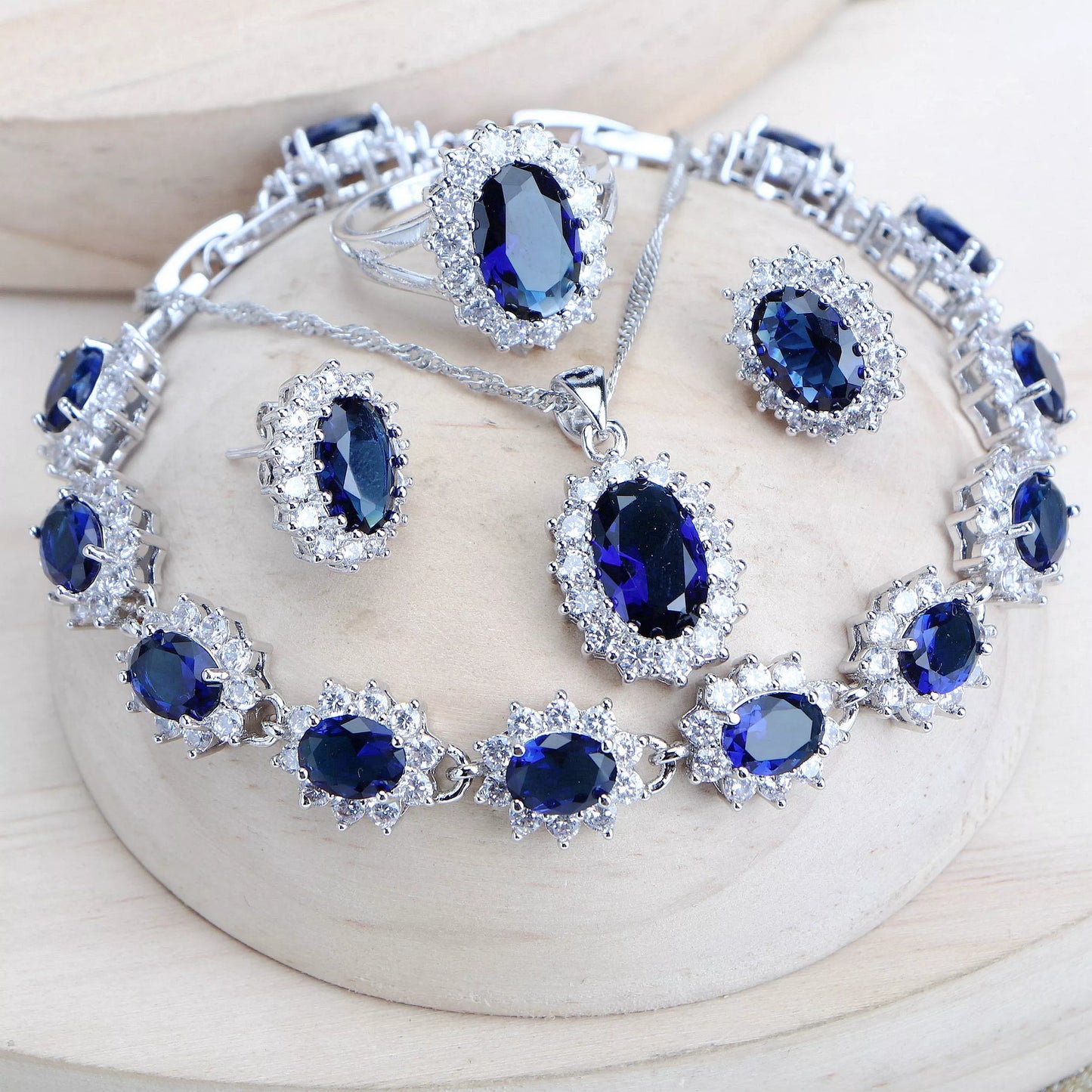 Silver 925 Women Bridal Jewelry Sets - Blue Zirconia Costume Fine Jewelry