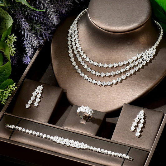 Three Layers Luxury 4pcs Bridal Zirconia Set | Trendy Party Jewelry #WeddingGlam #CZJewelry