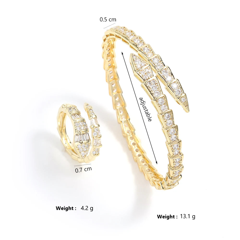 Luxury Shiny AAA Cubic Zirconia Snake Bone Bangles and Rings Set