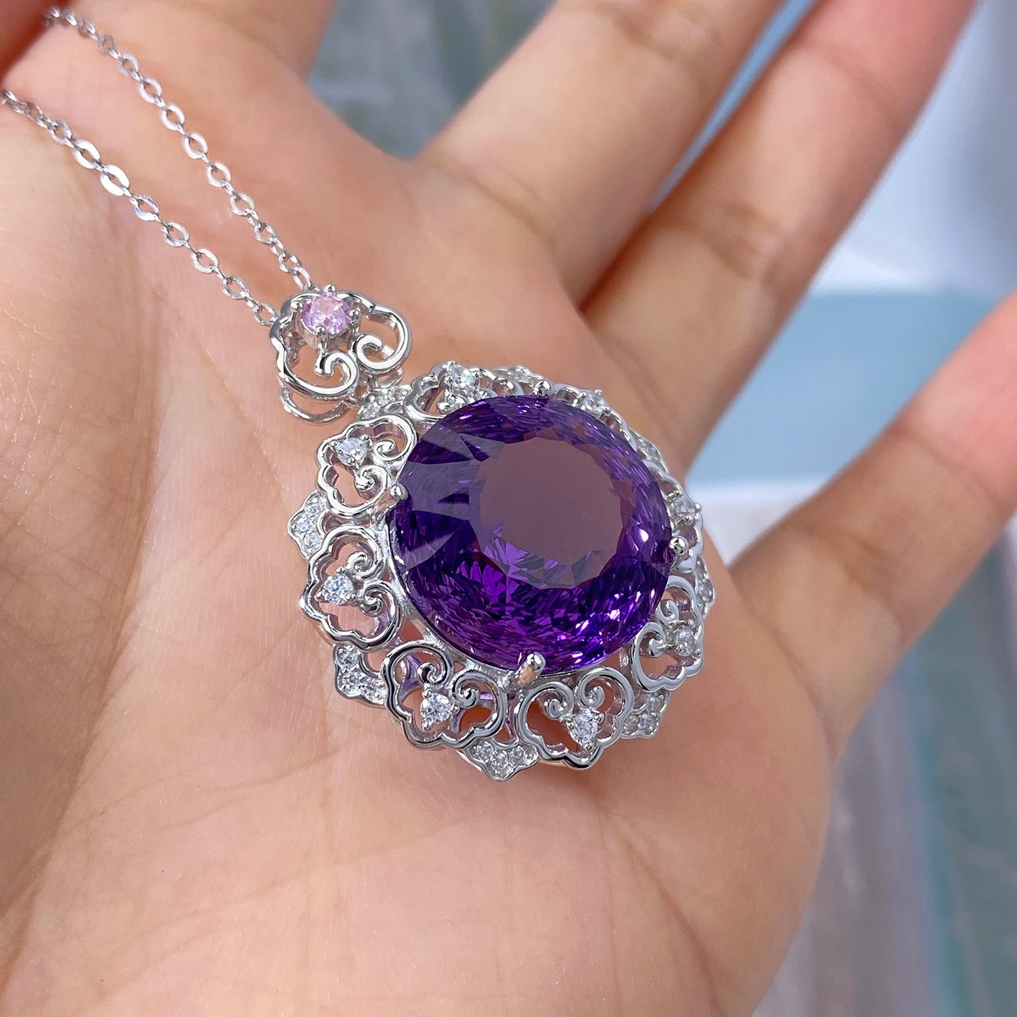 17MM Amethyst Pendant Necklace for Women - 925 Sterling Silver Natural Gemstones Jewelry