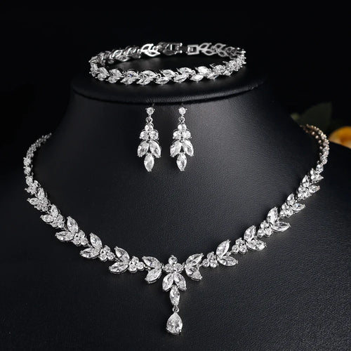 Luxury Brilliant Zirconia Leaf Necklace, Earrings, Rings, and Bracelets Set