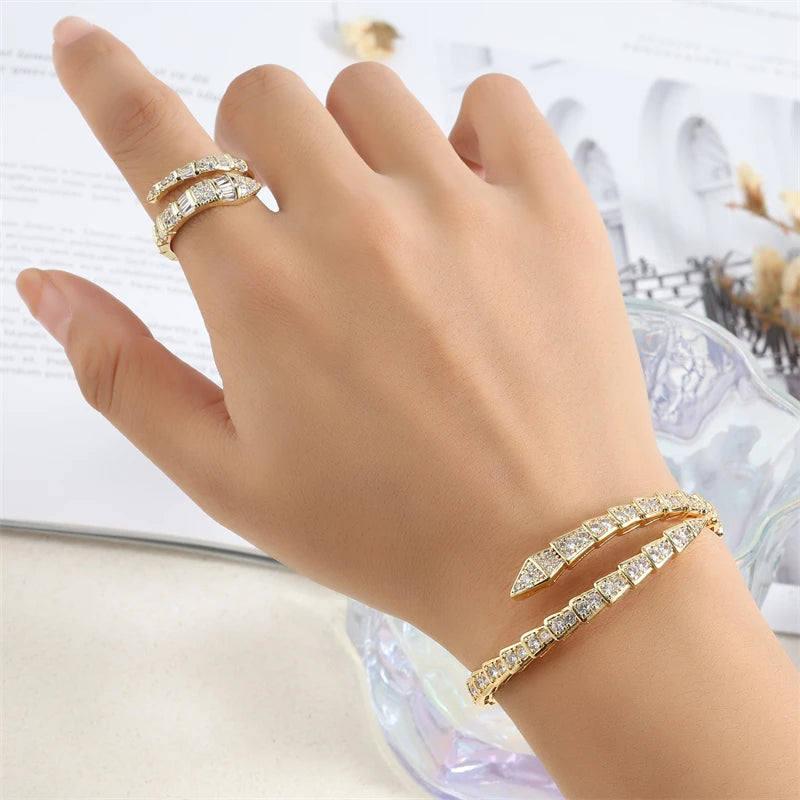 Luxury Shiny AAA Cubic Zirconia Snake Bone Bangles and Rings Set