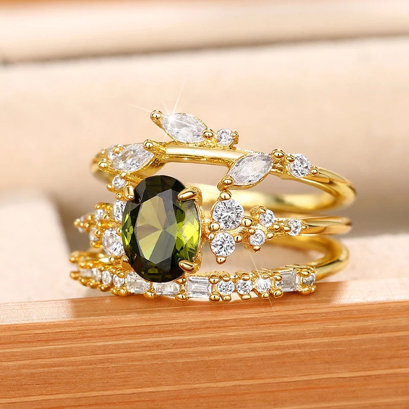 Gorgeous 3Pcs Set Women Rings - Olive Green Cubic Zirconia Luxury