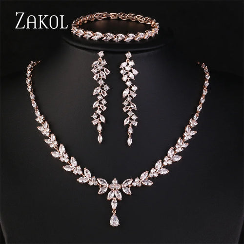 Luxury Brilliant Zirconia Leaf Necklace, Earrings, Rings, and Bracelets Set