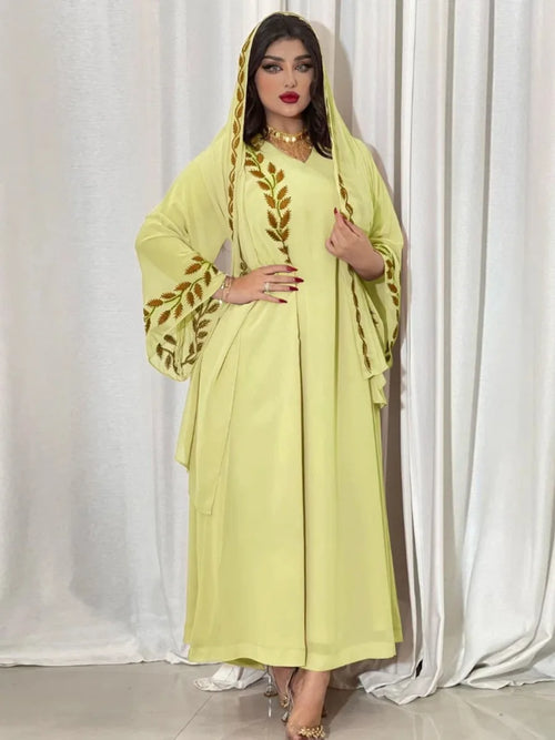 Abaya for Women Embroidery Dress with Scarf 2 Piece Set