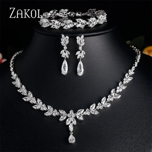 Luxury Brilliant Zirconia Leaf Necklace, Earrings, Rings, and Bracelets Set