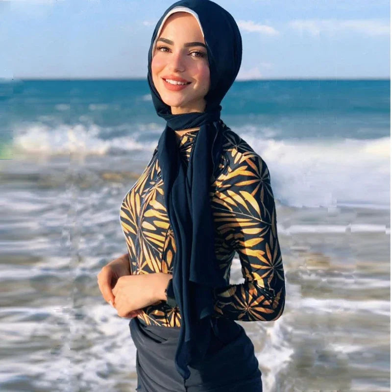 3-Piece Muslim Swimwear Set | Printed Patchwork Modest Swimsuit S-4XL #IslamicBeachwear #ModestSwim