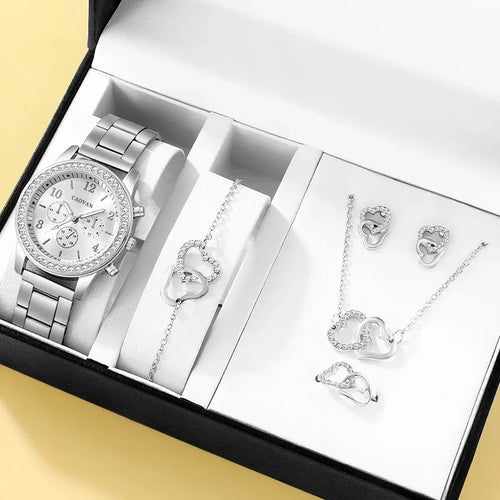 Glamorous 6-Piece Rhinestone-Encrusted Watch, Ring, Necklace &amp; Earrings Set | Women's Quartz Watch | Durable Alloy Fashion Accessories