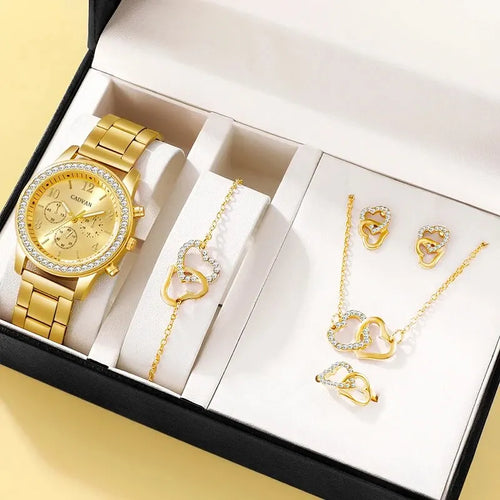 Glamorous 6-Piece Rhinestone-Encrusted Watch, Ring, Necklace &amp; Earrings Set | Women's Quartz Watch | Durable Alloy Fashion Accessories