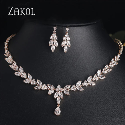 Luxury Brilliant Zirconia Leaf Necklace, Earrings, Rings, and Bracelets Set