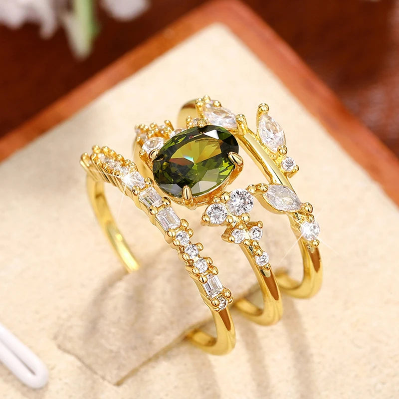 Gorgeous 3Pcs Set Women Rings - Olive Green Cubic Zirconia Luxury