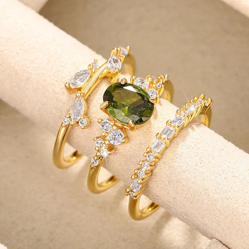 Gorgeous 3Pcs Set Women Rings - Olive Green Cubic Zirconia Luxury