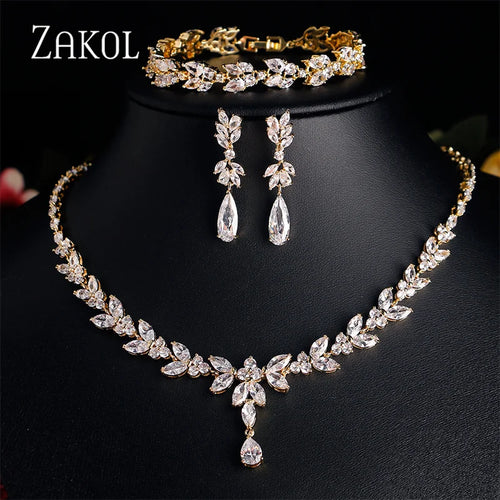 Luxury Brilliant Zirconia Leaf Necklace, Earrings, Rings, and Bracelets Set