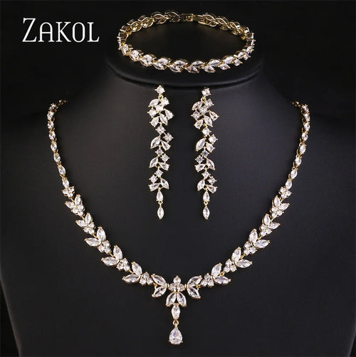 Luxury Brilliant Zirconia Leaf Necklace, Earrings, Rings, and Bracelets Set