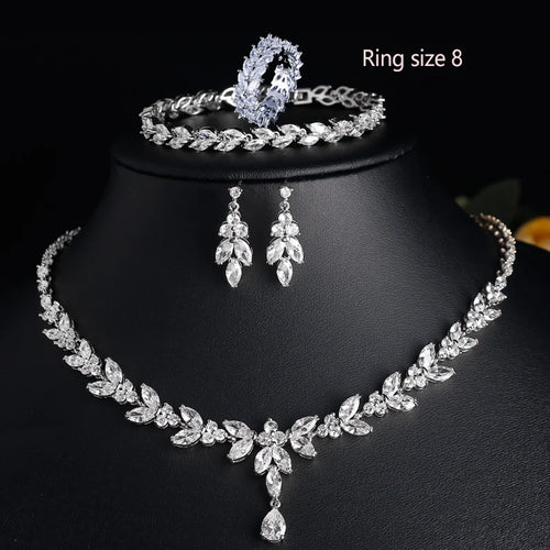 Luxury Brilliant Zirconia Leaf Necklace, Earrings, Rings, and Bracelets Set