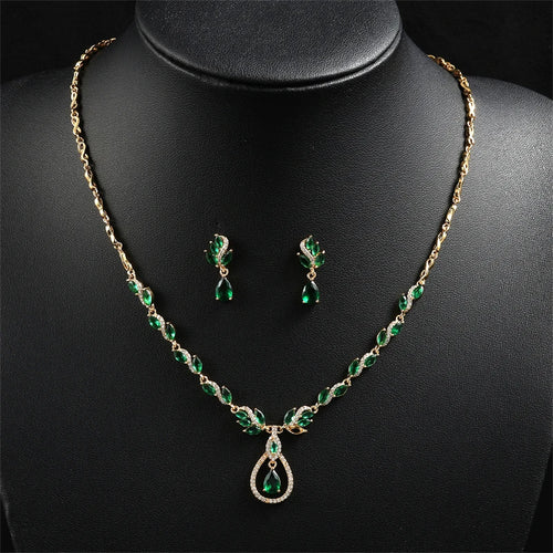 Luxury Brilliant Zirconia Leaf Necklace, Earrings, Rings, and Bracelets Set