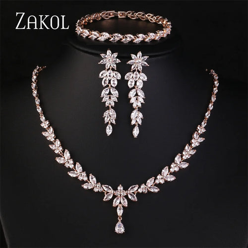 Luxury Brilliant Zirconia Leaf Necklace, Earrings, Rings, and Bracelets Set