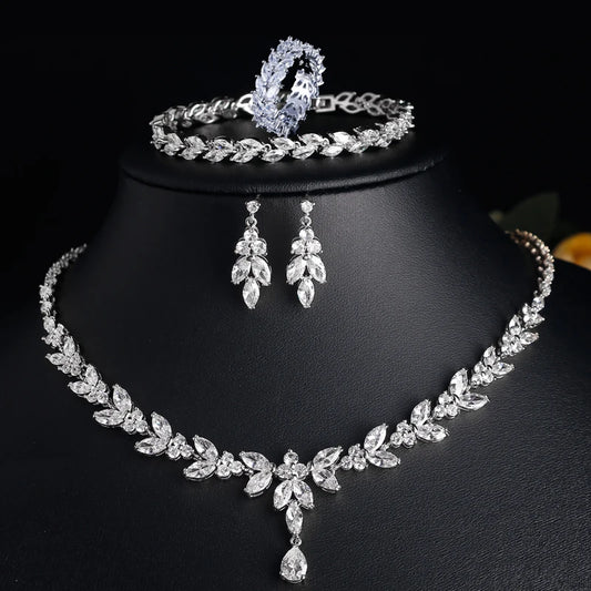 Luxury Brilliant Zirconia Leaf Necklace, Earrings, Rings, and Bracelets Set