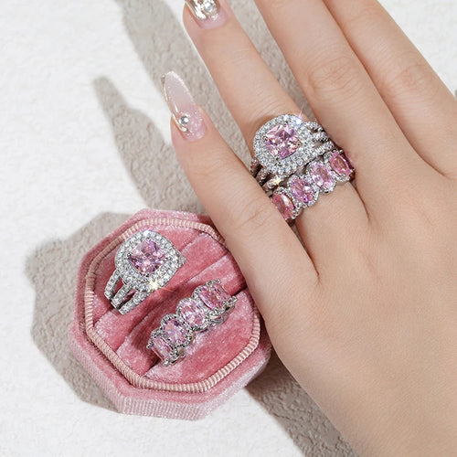 New Trendy Set Rings for Women - Pink/White/Green/Black Cubic Zirconia