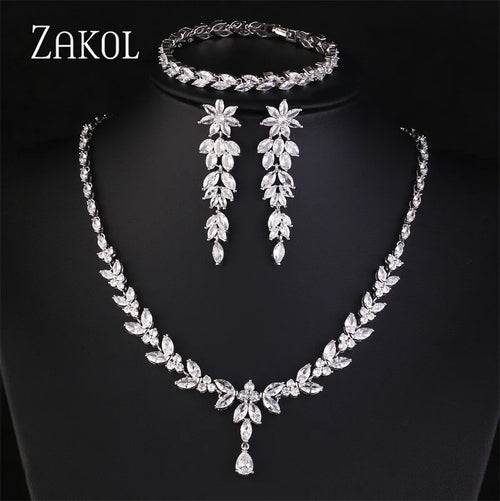 Luxury Brilliant Zirconia Leaf Necklace, Earrings, Rings, and Bracelets Set