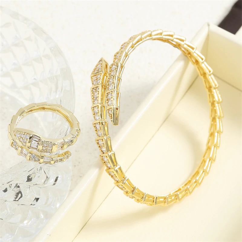 Luxury Shiny AAA Cubic Zirconia Snake Bone Bangles and Rings Set