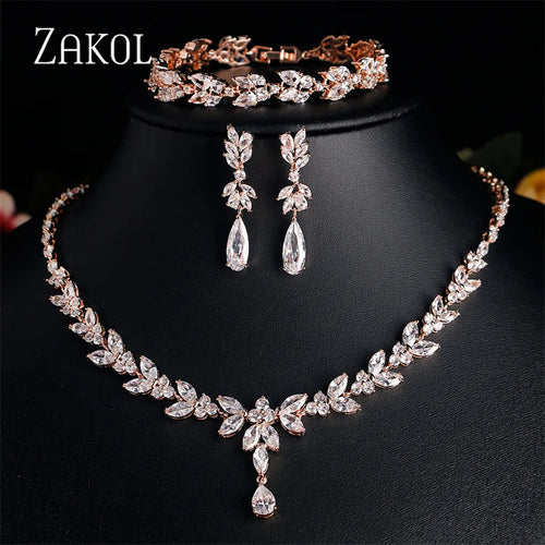 Luxury Brilliant Zirconia Leaf Necklace, Earrings, Rings, and Bracelets Set