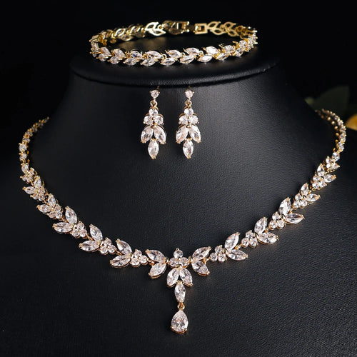 Luxury Brilliant Zirconia Leaf Necklace, Earrings, Rings, and Bracelets Set