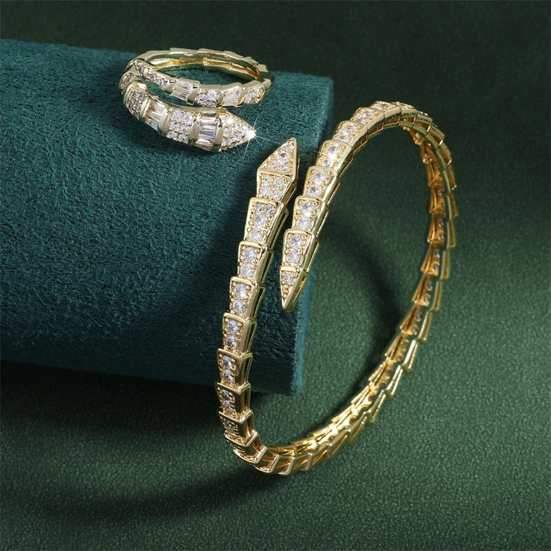 Luxury Shiny AAA Cubic Zirconia Snake Bone Bangles and Rings Set