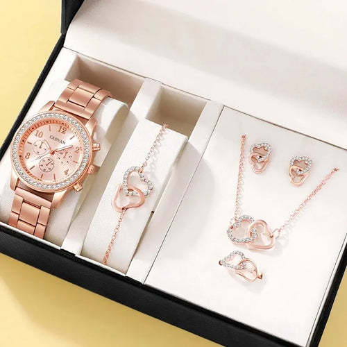 Glamorous 6-Piece Rhinestone-Encrusted Watch, Ring, Necklace &amp; Earrings Set | Women's Quartz Watch | Durable Alloy Fashion Accessories