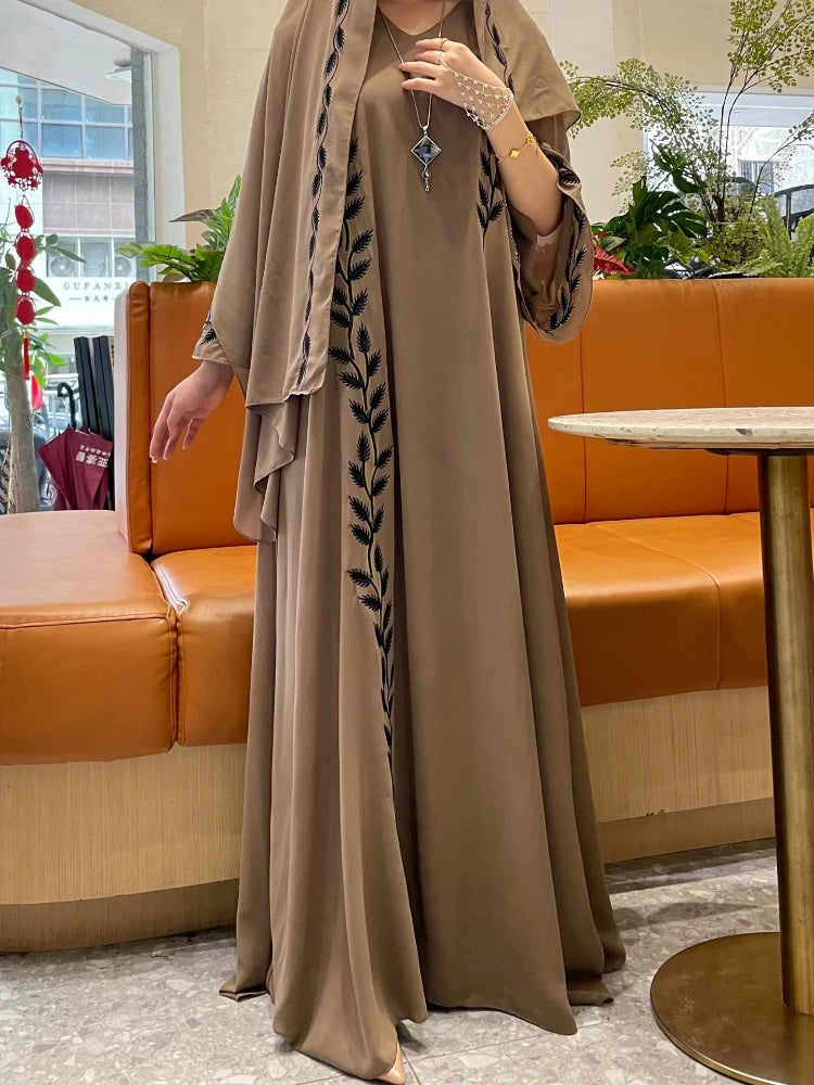 Abaya for Women Embroidery Dress with Scarf 2 Piece Set