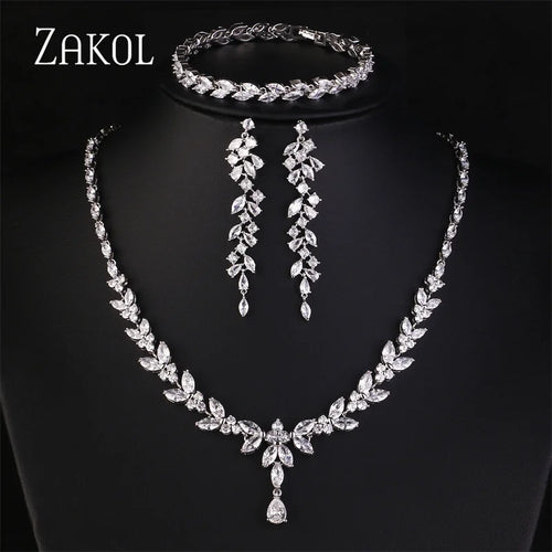 Luxury Brilliant Zirconia Leaf Necklace, Earrings, Rings, and Bracelets Set