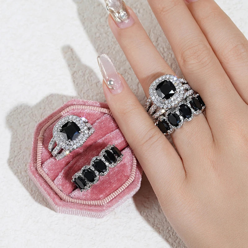 New Trendy Set Rings for Women - Pink/White/Green/Black Cubic Zirconia