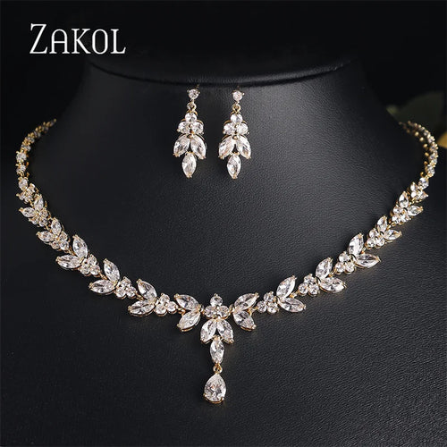 Luxury Brilliant Zirconia Leaf Necklace, Earrings, Rings, and Bracelets Set