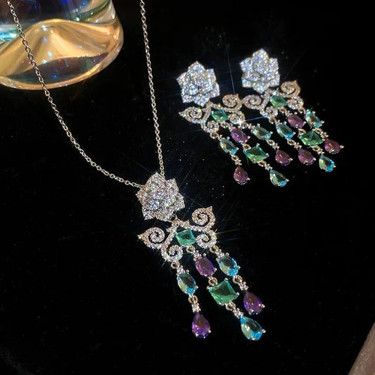 Silver Needle Zircon Rose Flower Butterfly Tassel Set Niche