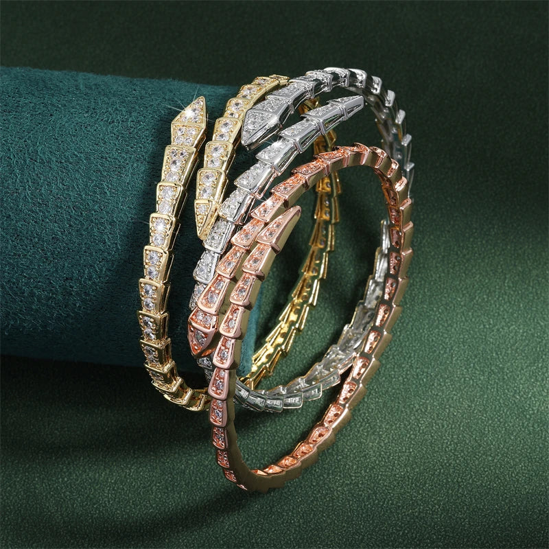 Luxury Shiny AAA Cubic Zirconia Snake Bone Bangles and Rings Set