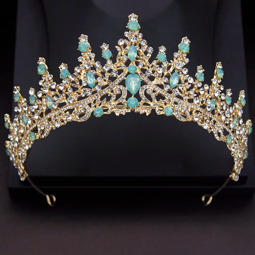 Luxury Princess Queen Wedding Crown - Green Rhinestone Crystal Bridal Tiara for Prom Hair Jewelry and Bride Headwear Accessories