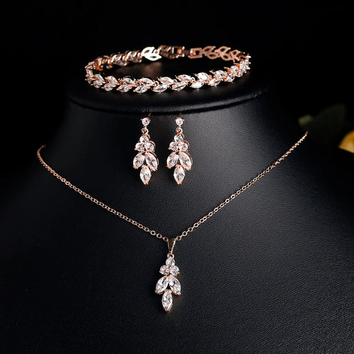 Luxury Brilliant Zirconia Leaf Necklace, Earrings, Rings, and Bracelets Set