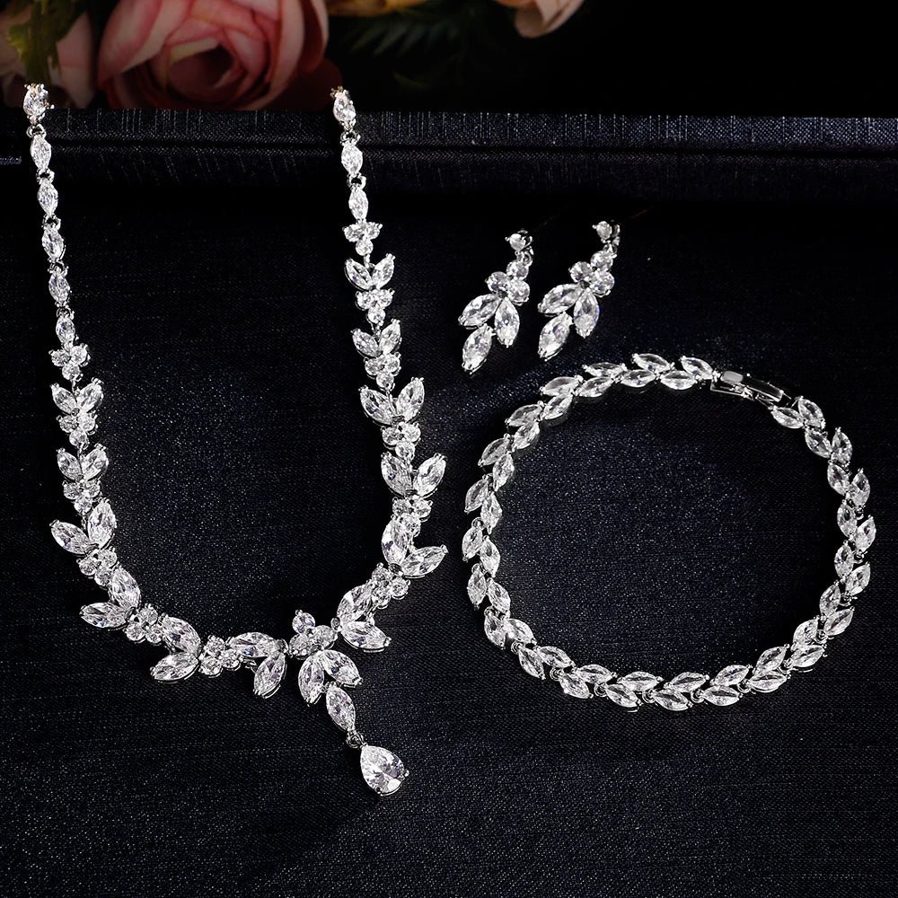 Luxury Brilliant Zirconia Leaf Necklace, Earrings, Rings, and Bracelets Set