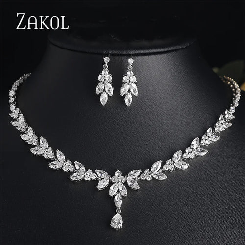 Luxury Brilliant Zirconia Leaf Necklace, Earrings, Rings, and Bracelets Set