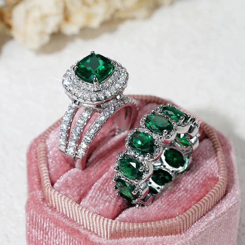 New Trendy Set Rings for Women - Pink/White/Green/Black Cubic Zirconia