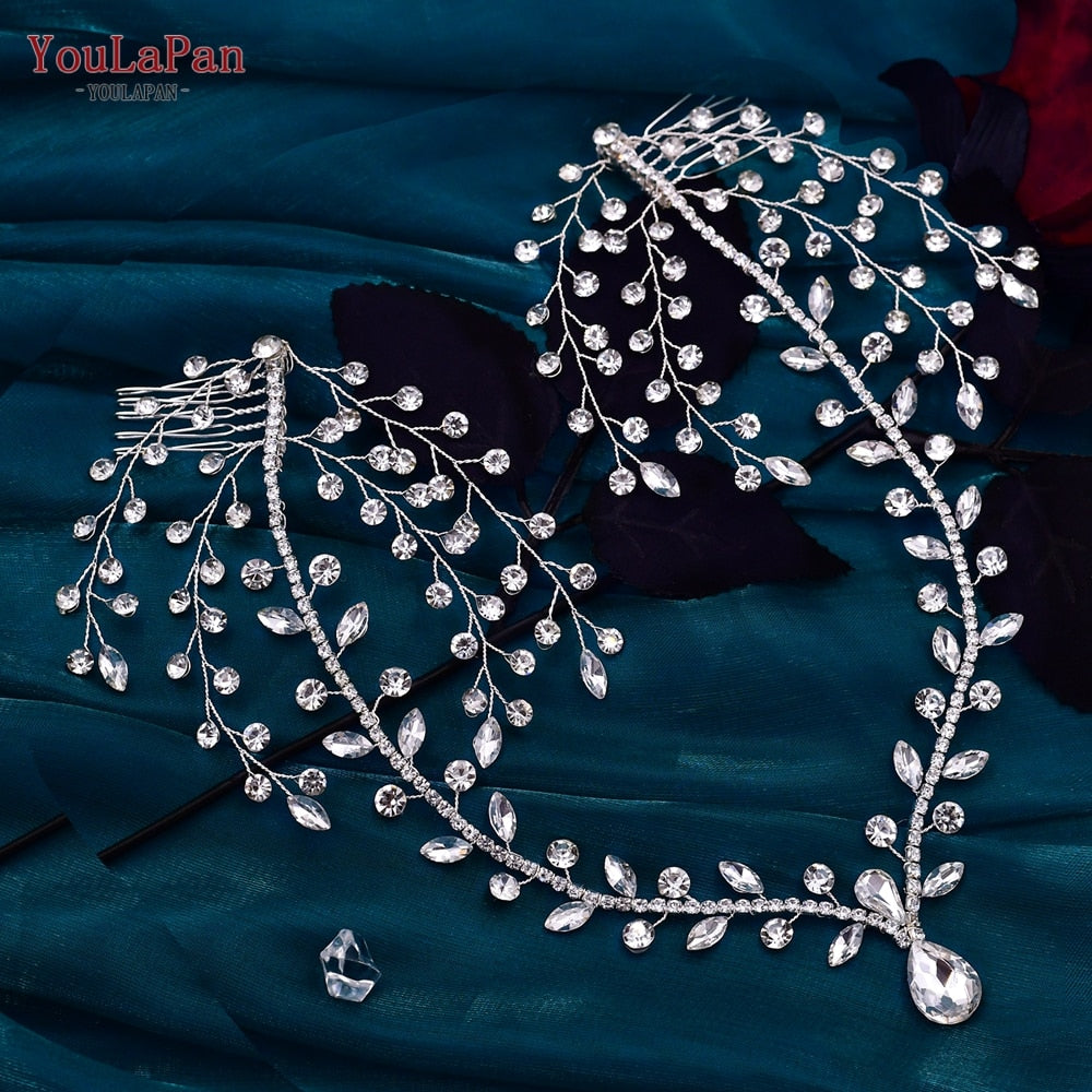 Bohemian Water Drop Forehead Headband with Combs - Rhinestone Bridal Hair Jewelry for Women**