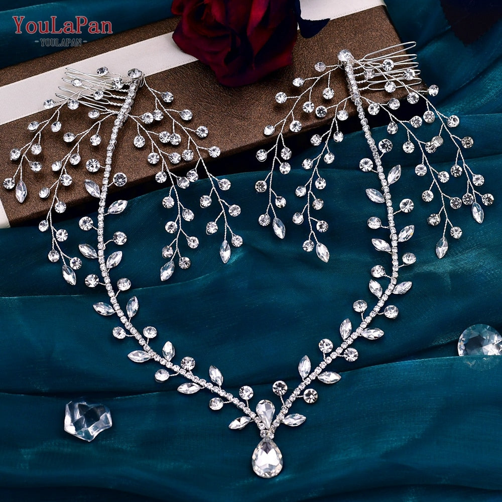 Bohemian Water Drop Forehead Headband with Combs - Rhinestone Bridal Hair Jewelry for Women**