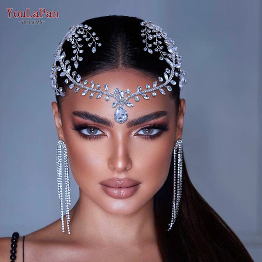 Bohemian Water Drop Forehead Headband with Combs - Rhinestone Bridal Hair Jewelry for Women**