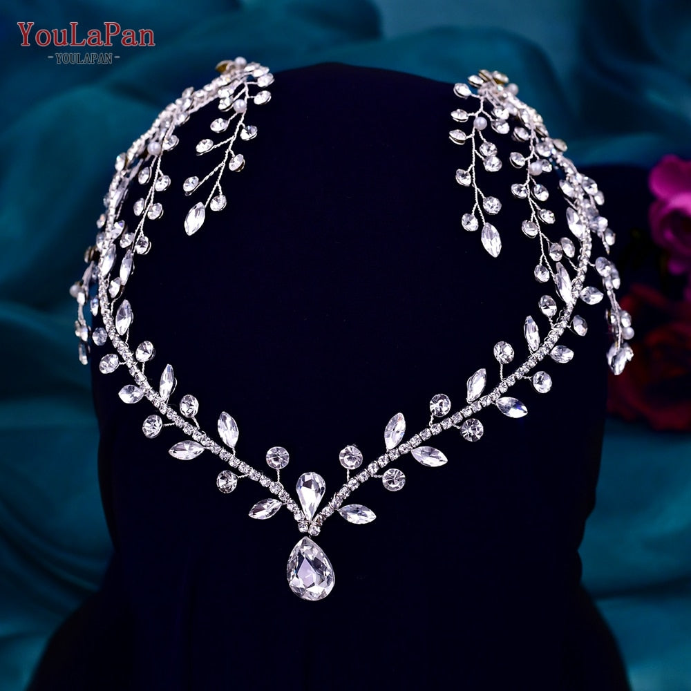 Bohemian Water Drop Forehead Headband with Combs - Rhinestone Bridal Hair Jewelry for Women**