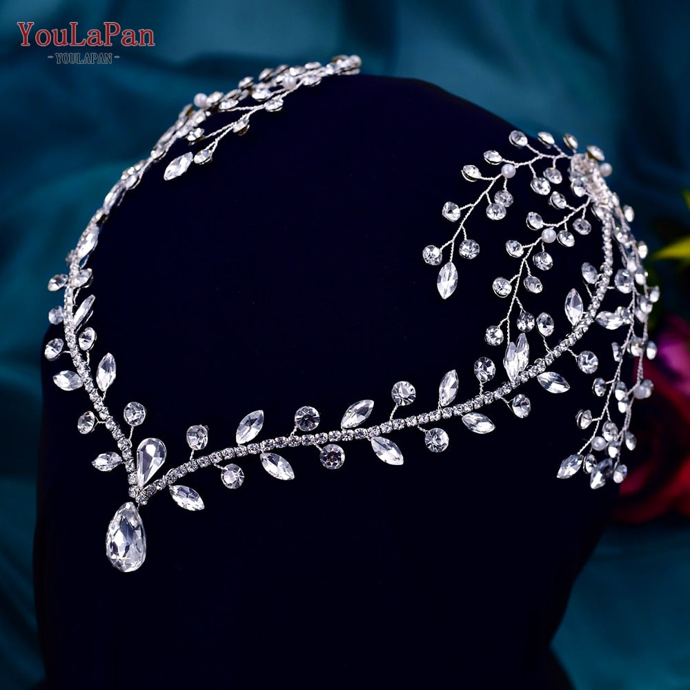 Bohemian Water Drop Forehead Headband with Combs - Rhinestone Bridal Hair Jewelry for Women**